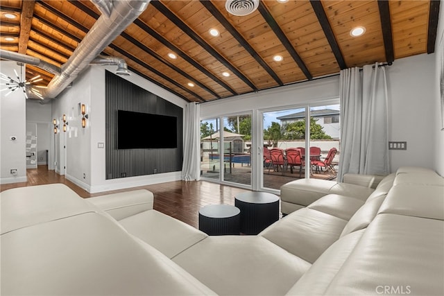 living room featuring beam ceiling, wood ceiling, hardwood / wood-style flooring, and high vaulted ceiling