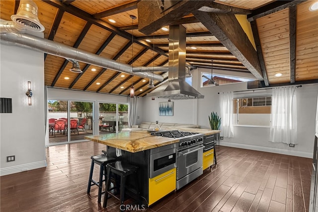 kitchen with a center island, wood ceiling, dark hardwood / wood-style floors, and double oven range