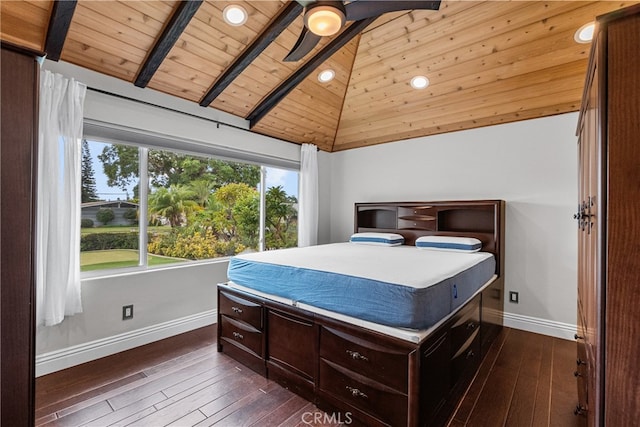 bedroom featuring dark hardwood / wood-style flooring, ceiling fan, vaulted ceiling with beams, and wooden ceiling