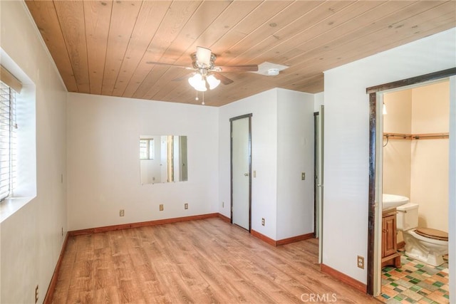 unfurnished bedroom with wood ceiling, light hardwood / wood-style flooring, and ensuite bath