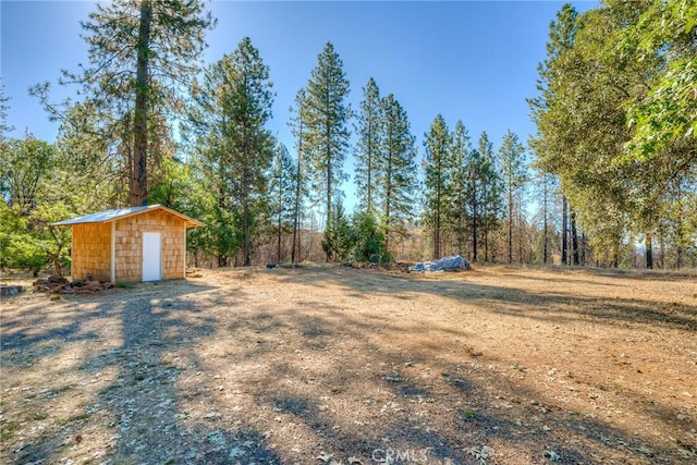 view of yard featuring a storage unit