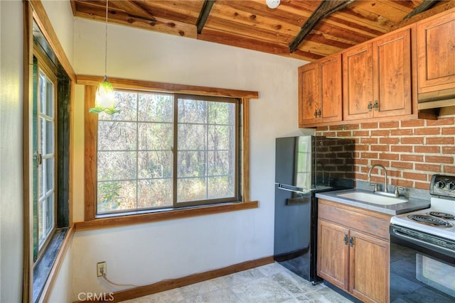 kitchen featuring sink, wooden ceiling, pendant lighting, a healthy amount of sunlight, and black appliances