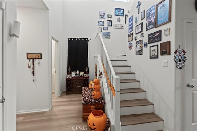 staircase with hardwood / wood-style flooring