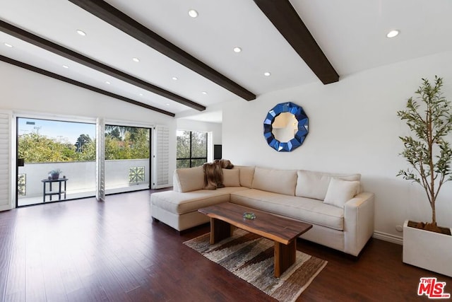 living room featuring vaulted ceiling with beams, plenty of natural light, and dark hardwood / wood-style floors