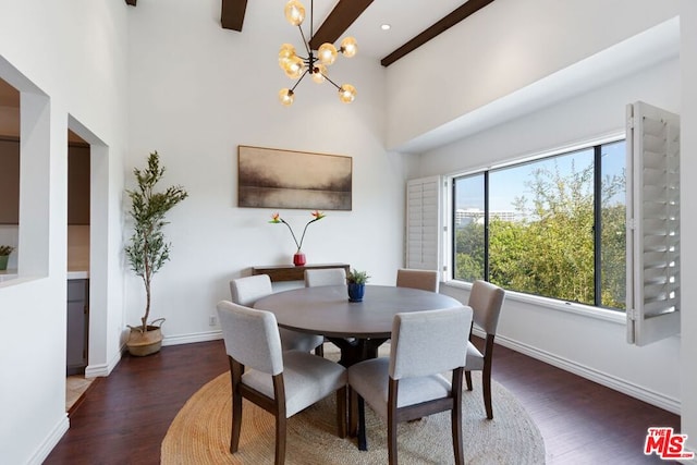 dining space featuring beam ceiling, dark wood-type flooring, and a chandelier