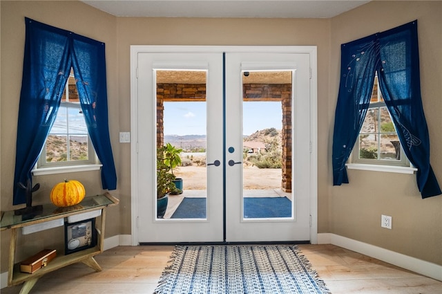 doorway with french doors, light wood-type flooring, and plenty of natural light