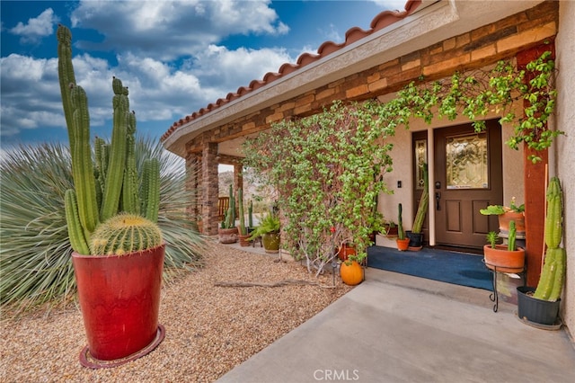 view of exterior entry with a patio area