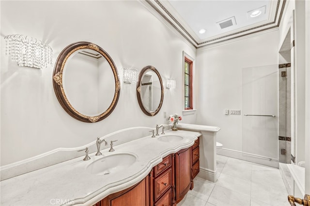 bathroom featuring an enclosed shower, toilet, vanity, ornamental molding, and tile patterned flooring