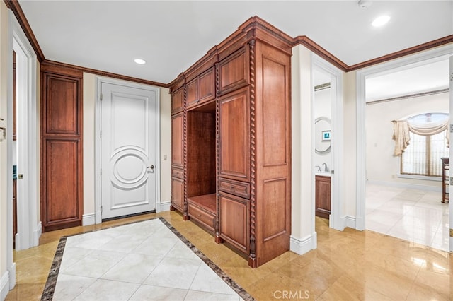 corridor featuring ornamental molding