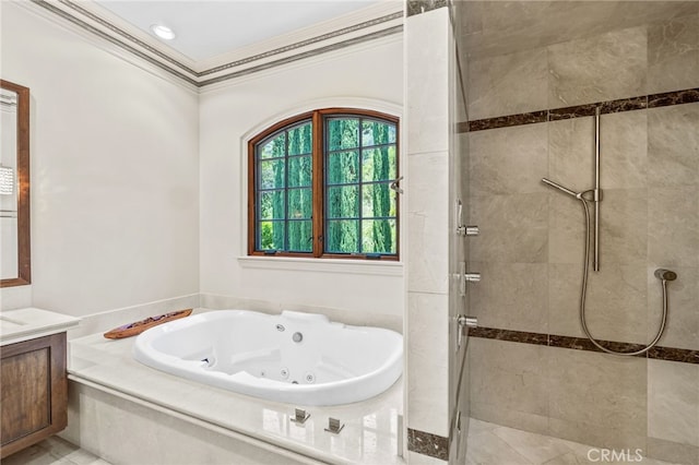 bathroom featuring vanity, crown molding, tile patterned flooring, and plus walk in shower