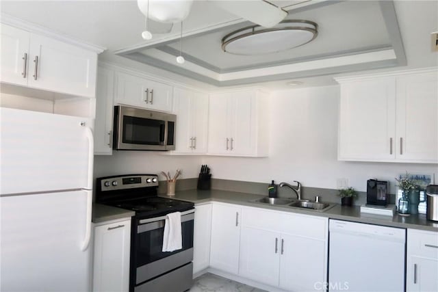 kitchen featuring a raised ceiling, stainless steel appliances, white cabinetry, and sink