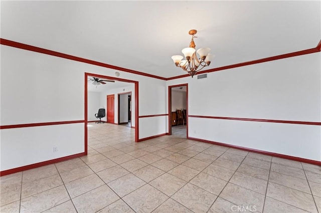 unfurnished room featuring ceiling fan with notable chandelier and ornamental molding