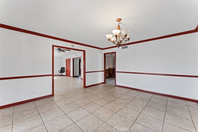 spare room with ceiling fan with notable chandelier and crown molding