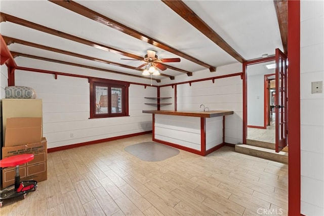 unfurnished bedroom featuring beamed ceiling, light wood-type flooring, ceiling fan, and wooden walls