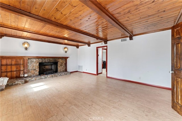 unfurnished living room featuring beam ceiling, light hardwood / wood-style floors, wooden ceiling, and a fireplace