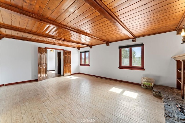 unfurnished living room featuring wood ceiling, beamed ceiling, and wood-type flooring