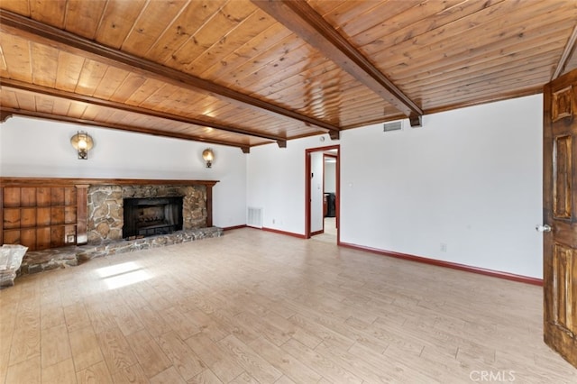 unfurnished living room with beamed ceiling, wooden ceiling, a fireplace, and light hardwood / wood-style flooring