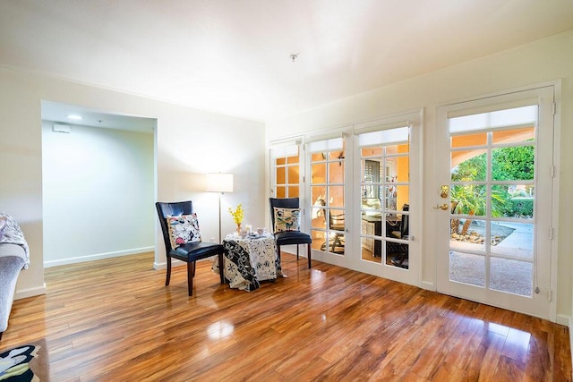 living area featuring french doors and wood-type flooring