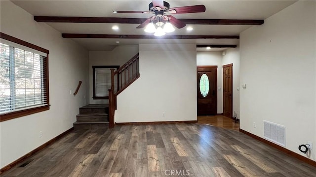 24861 Finhaut Dr, Crestline, CA 92325 - unfurnished living room with beamed ceiling, wood finished floors, ceiling fan, stairs, and recessed lighting