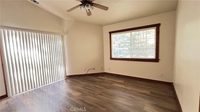24861 Finhaut Dr, Crestline, CA 92325 - spare room with ceiling fan, wood finished floors, and lofted ceiling
