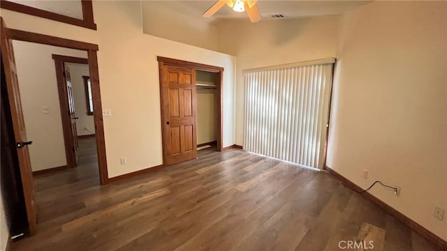 24861 Finhaut Dr, Crestline, CA 92325 - unfurnished bedroom featuring wood finished floors, lofted ceiling, a closet, and ceiling fan