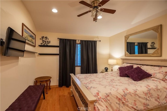 bedroom featuring ceiling fan and light wood-type flooring