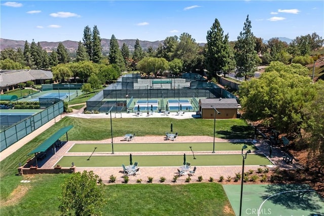 view of community with a lawn and a mountain view