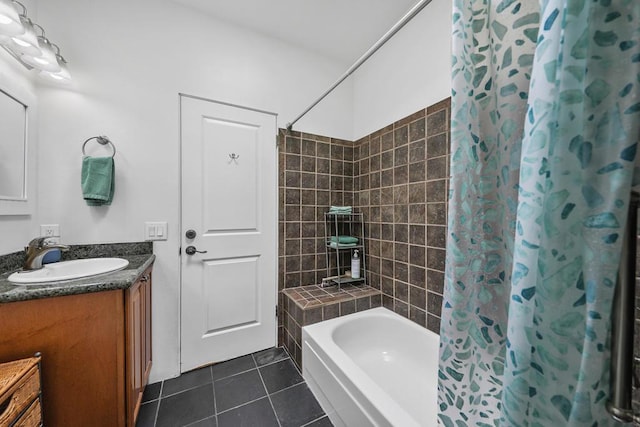 bathroom featuring vanity, shower / bath combination with curtain, and tile patterned floors