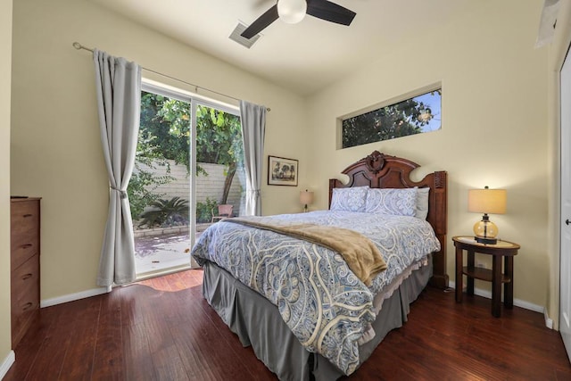 bedroom with ceiling fan, dark hardwood / wood-style flooring, and access to outside