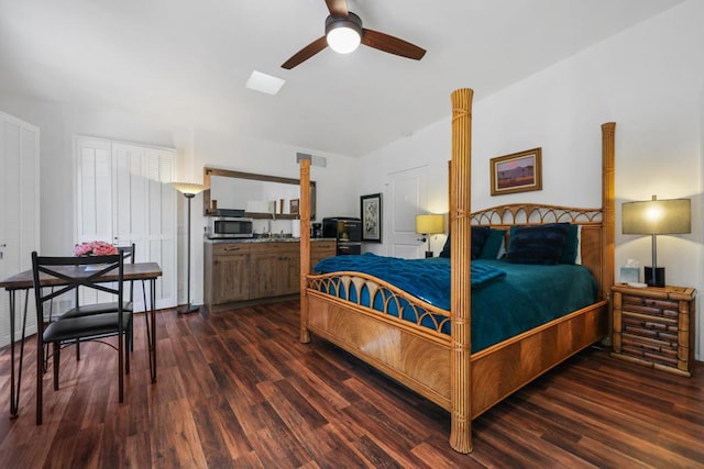 bedroom featuring ceiling fan and dark wood-type flooring