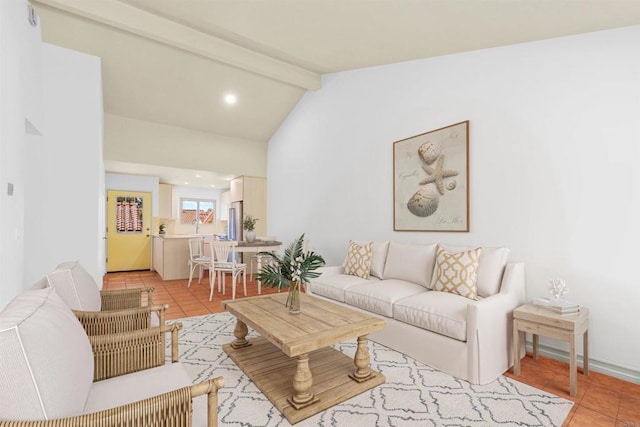 tiled living room with vaulted ceiling with beams