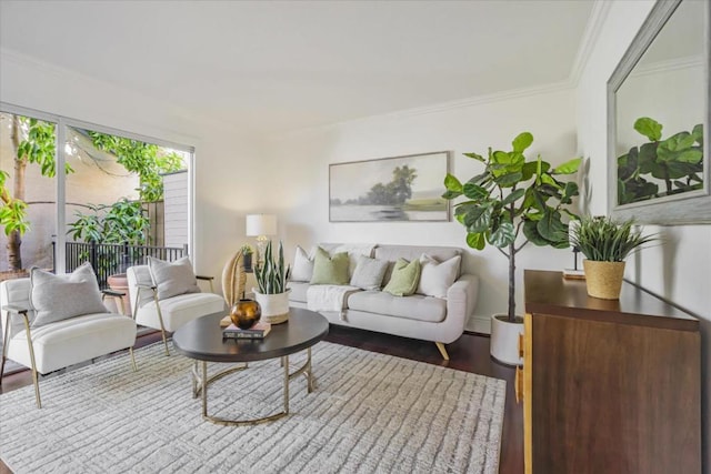 living room with hardwood / wood-style floors and ornamental molding