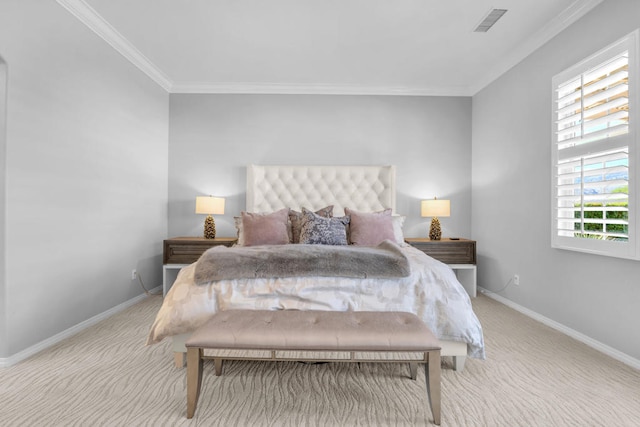 bedroom with light carpet and ornamental molding