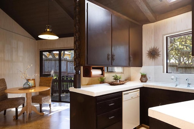 kitchen featuring dark brown cabinetry, sink, wooden ceiling, dishwasher, and pendant lighting