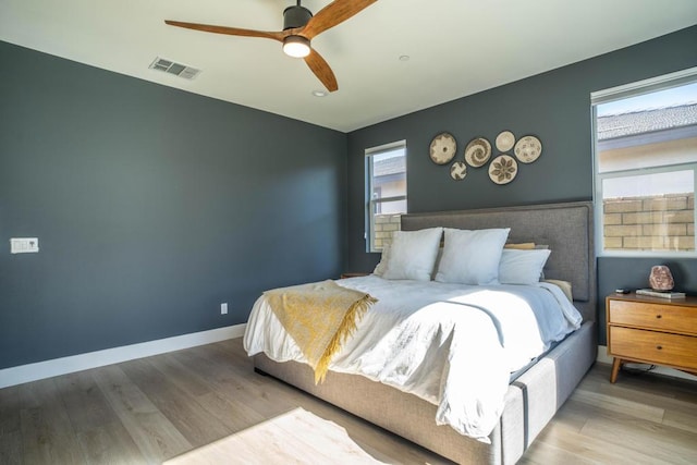 bedroom with ceiling fan and light hardwood / wood-style floors