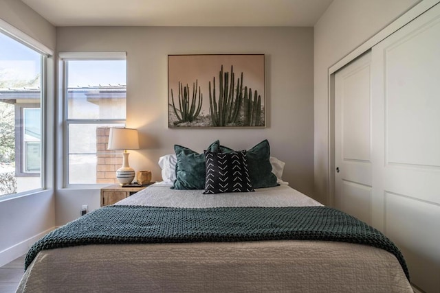 bedroom with hardwood / wood-style floors and a closet