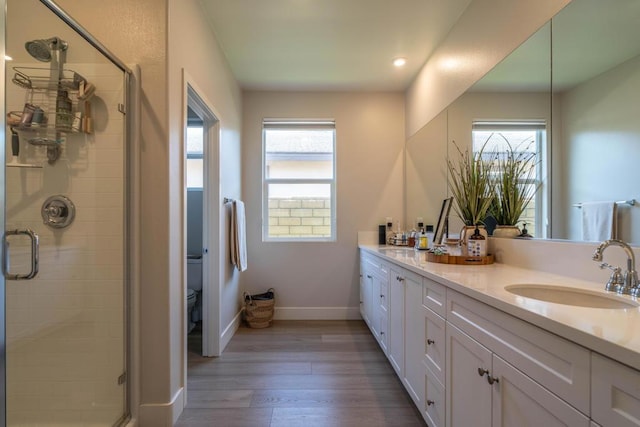 bathroom with a wealth of natural light, vanity, wood-type flooring, and toilet