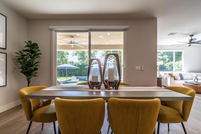 dining space featuring ceiling fan and light hardwood / wood-style flooring