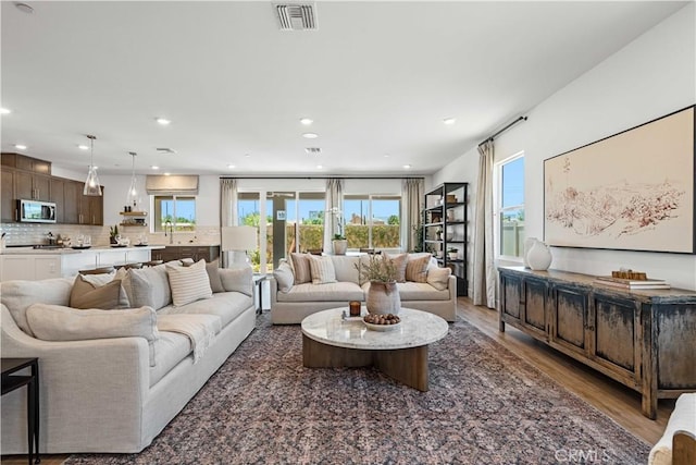 living room with dark wood-type flooring