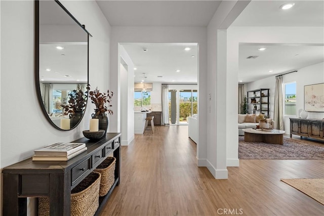 corridor featuring plenty of natural light and hardwood / wood-style flooring