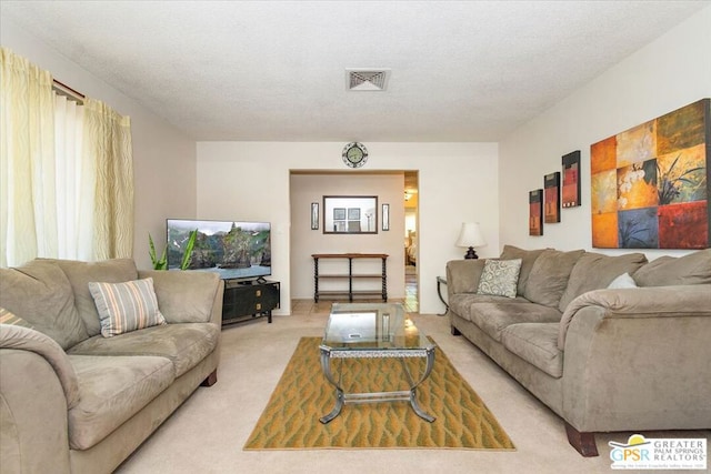 living room with light colored carpet and a textured ceiling