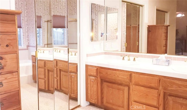 bathroom with a tub and vanity