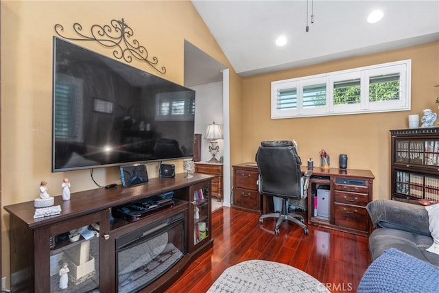 office space featuring dark wood-type flooring and lofted ceiling