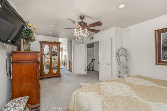 bedroom featuring light carpet, ornamental molding, and ceiling fan