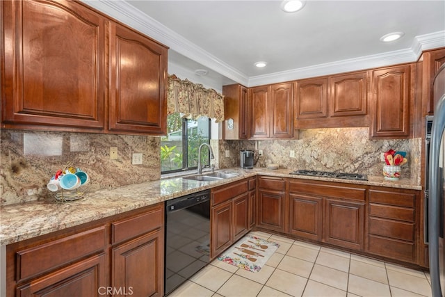 kitchen with tasteful backsplash, light tile patterned floors, ornamental molding, sink, and stainless steel appliances