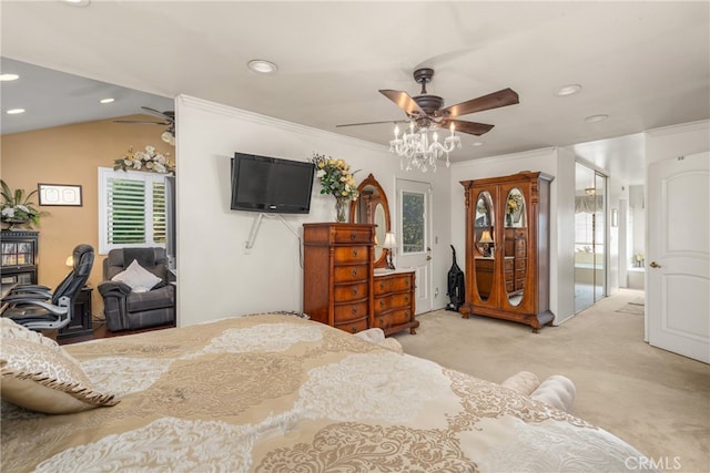 carpeted bedroom with ceiling fan, ornamental molding, and vaulted ceiling