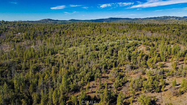 aerial view with a wooded view and a mountain view