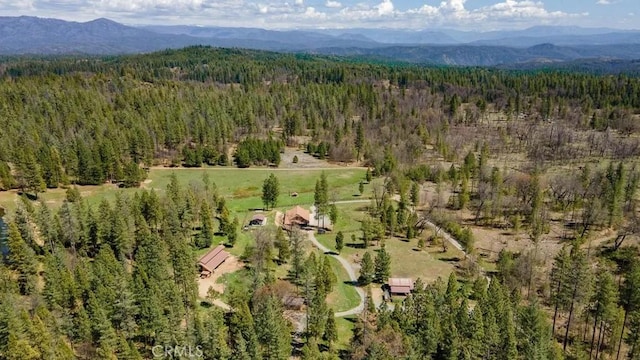 drone / aerial view featuring a wooded view and a mountain view