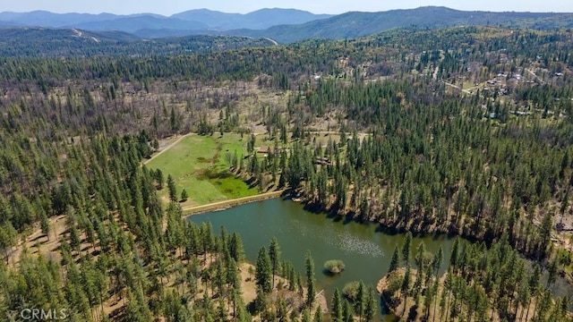 aerial view featuring a water and mountain view