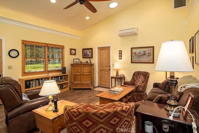 living room with a wall unit AC, lofted ceiling, ceiling fan, dark hardwood / wood-style floors, and crown molding